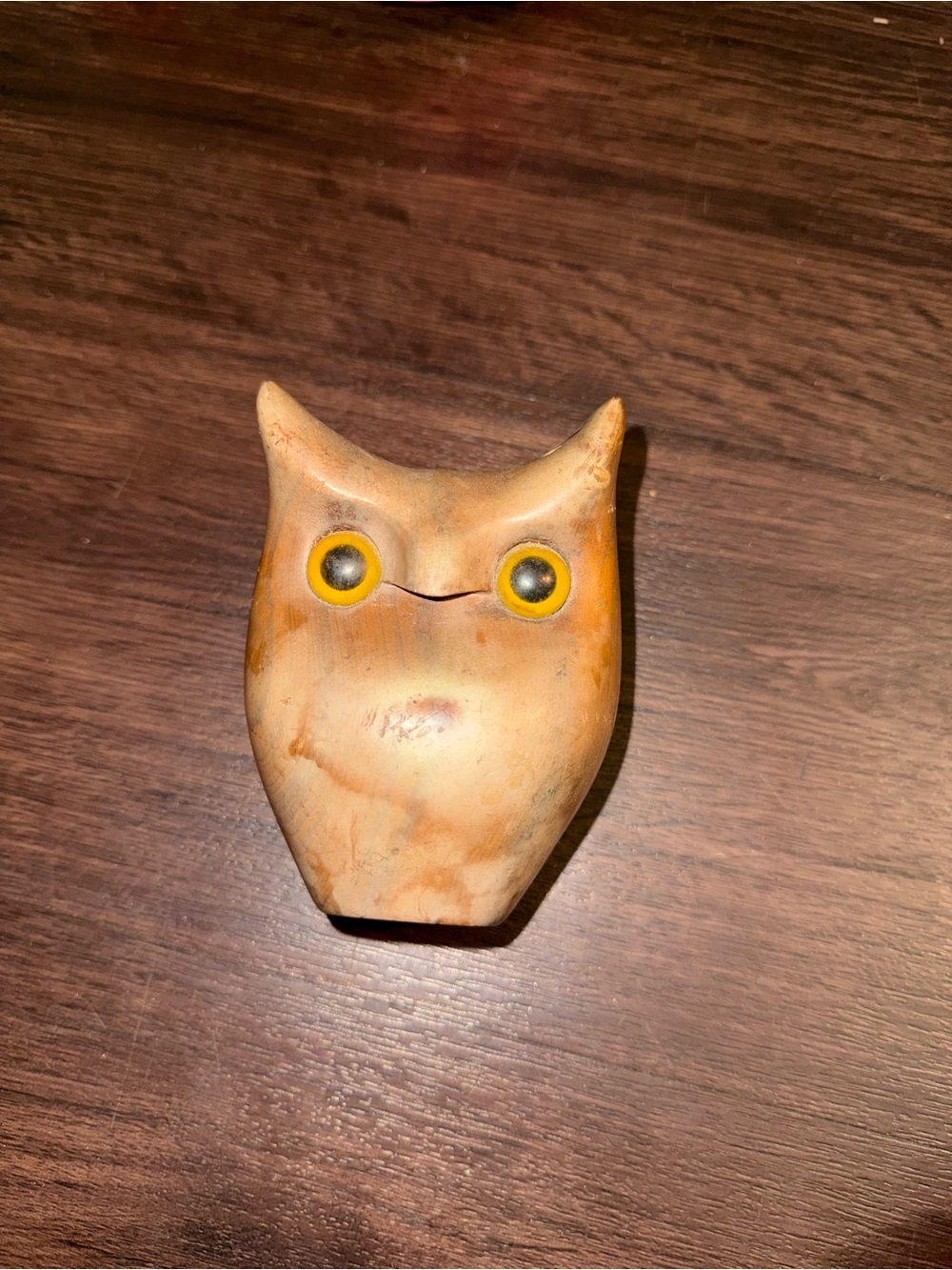 Vintage Ceramic Owl Figurine in Warm Tan and Yellow Eyes